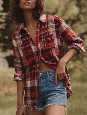 Anthropologie Pilcro Hadley Button Down Shirt Red Plaid Size XXS Relaxed Grunge